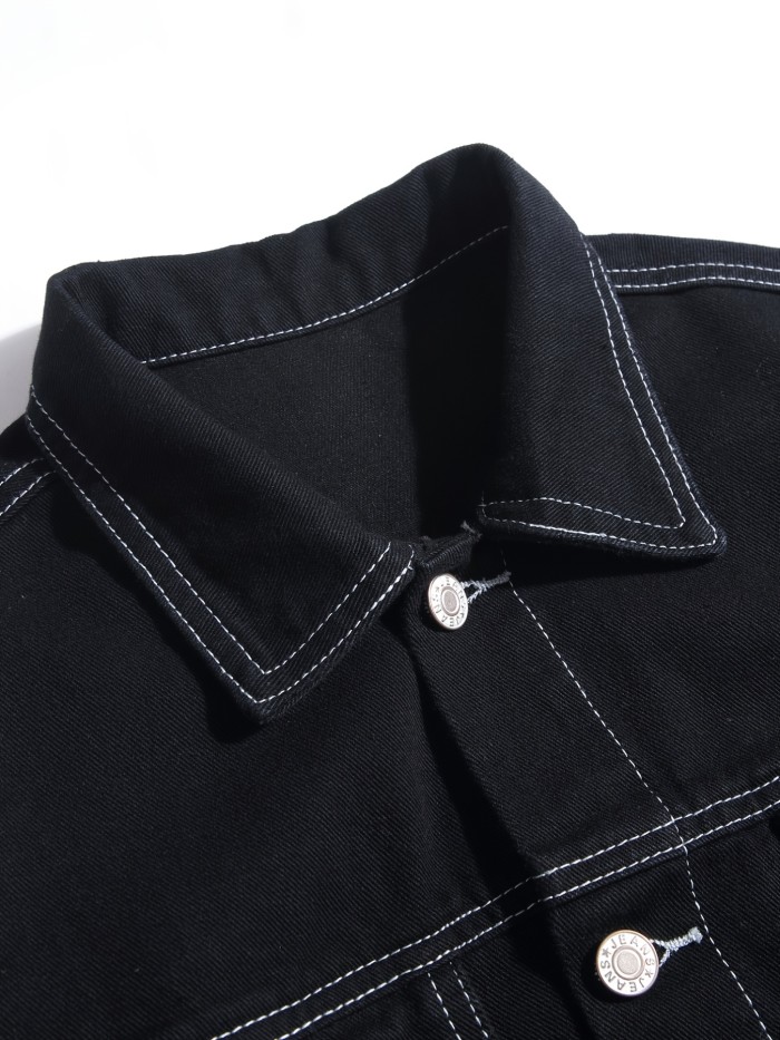 Men's Trendy White Line Double Pocket Loose Denim Jacket