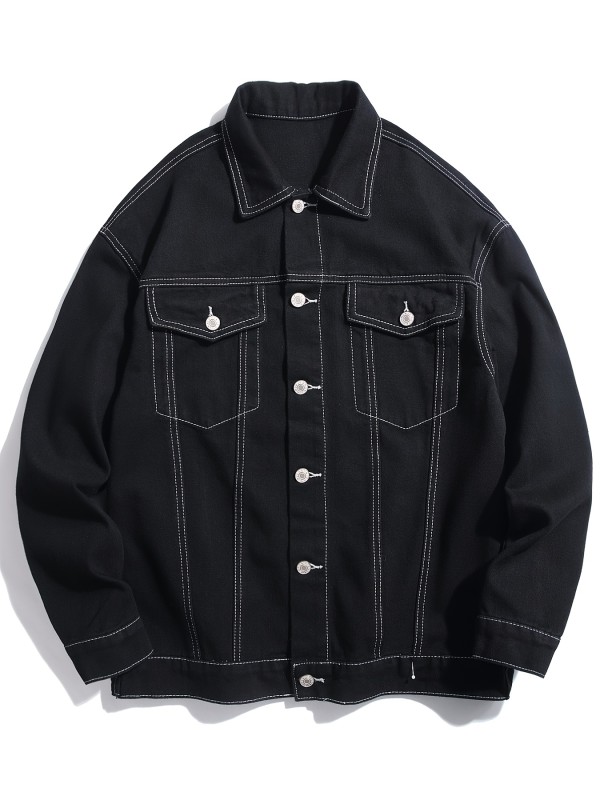 Men's Trendy White Line Double Pocket Loose Denim Jacket