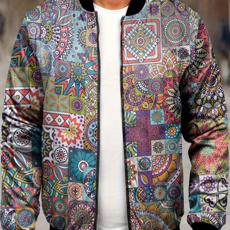 Ethnic Style Allover Print Varsity Jacket, Men's Casual Street Style Bomber Jacket