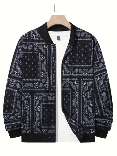 Men's Plus Size Casual Jackets, Paisley Scarf Print Bomber Jacket Without Hoodie