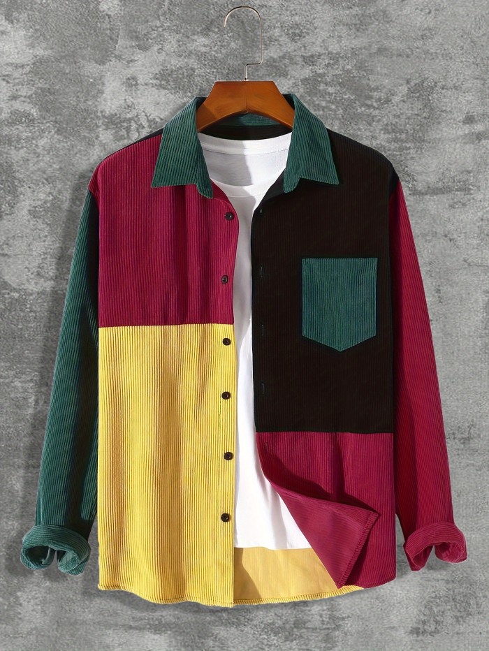 Fashionable And Simple Men's Long Sleeve Multicolor Patchwork Casual Lapel Simple Jacket, Trendy And Versatile, Suitable For Dates