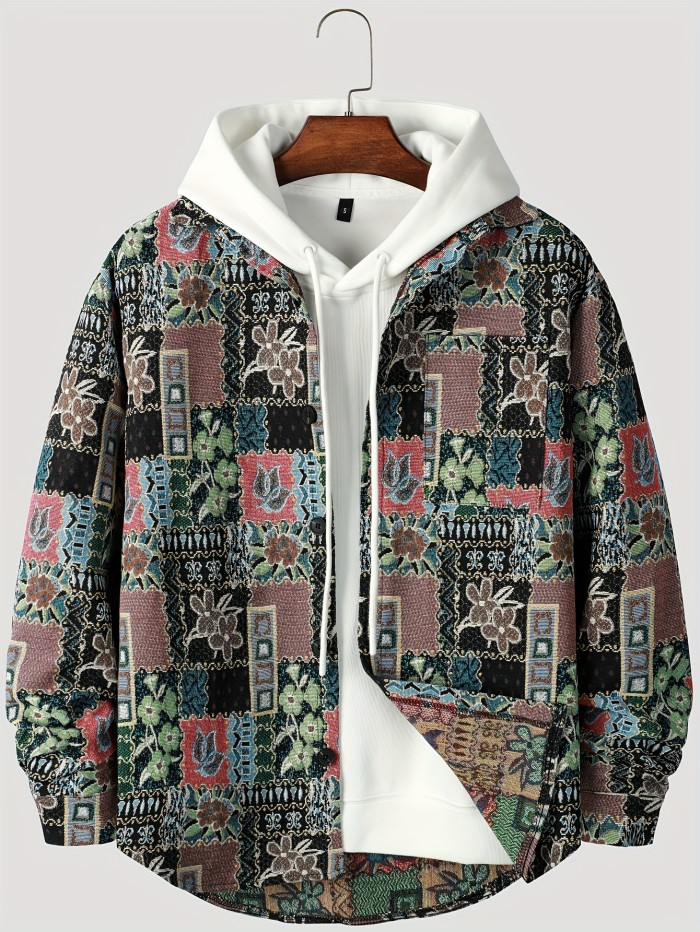 Men's Casual Ethnic Style Loose Fit Jacket, Chic Button Up Jacket (Without Hoodie)
