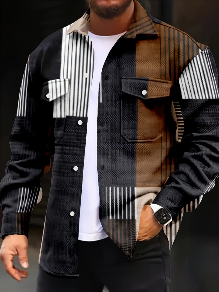Men's Casual Loose Fit Jacket, Street Style Button Up Flap Pocket Jacket For Spring Fall