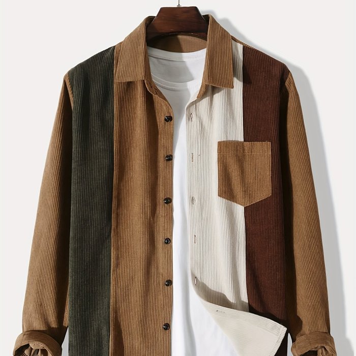 Fashionable And Simple Men's Long Sleeve Multicolor Patchwork Casual Lapel Simple Jacket, Trendy And Versatile, Suitable For Dates