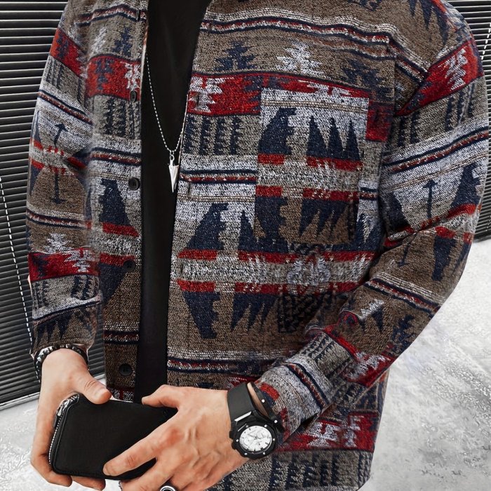Ethnic Pattern Jackets For Men Breast Pockets Button Up Lapel Stylish Coat Jackets For Men
