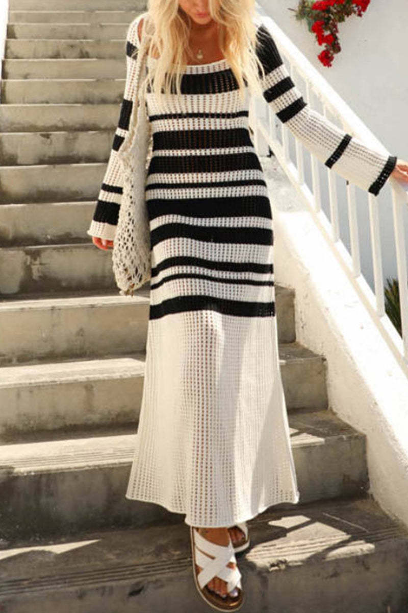 Square Collar Long Sleeve Midi Striped Bandage Dress