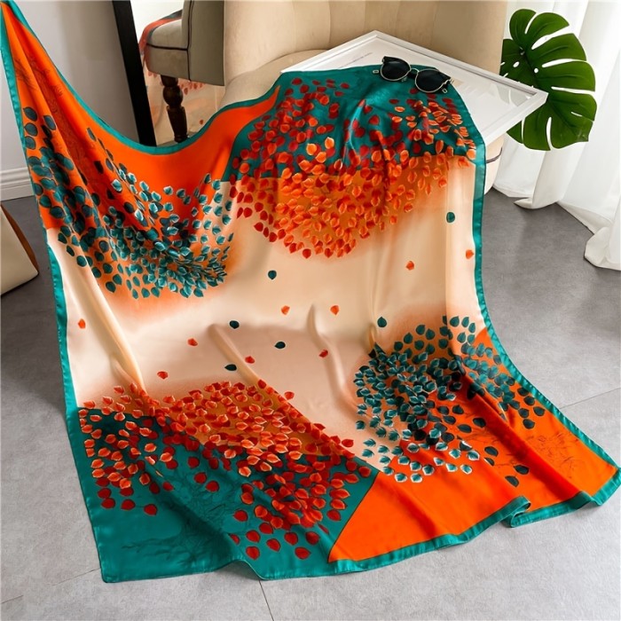 Fashion Satin Print Square Scarf Women Retro Colorful Leaves Warm Scarf Shawl