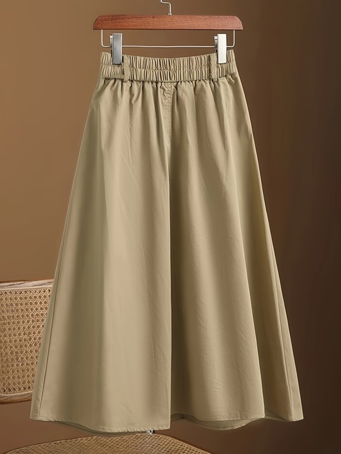 Solid Button Decor Pockets Skirt, Versatile Elastic Waist Skirt, Women's Clothing