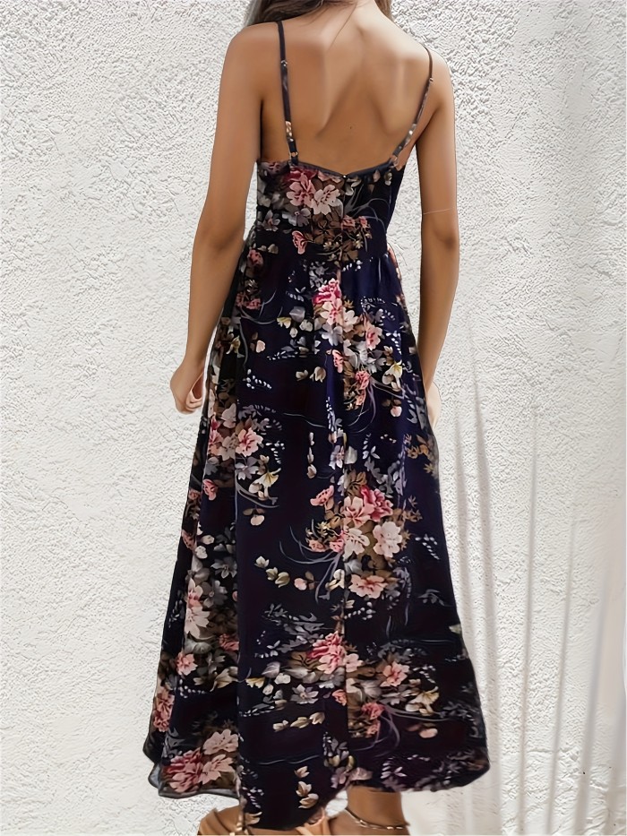 Floral Print V Neck Cami Dress, Casual Sleeveless Backless Loose Midi Dress, Women's Clothing