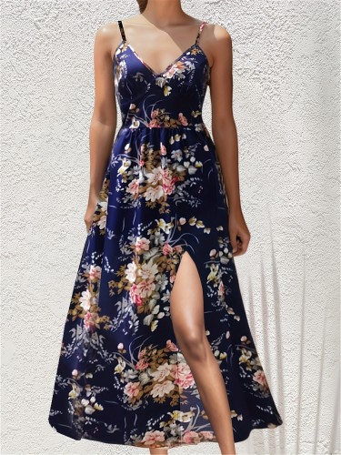 Floral Print V Neck Cami Dress, Casual Sleeveless Backless Loose Midi Dress, Women's Clothing