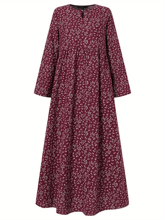Floral Print Crew Neck Dress, Casual Long Sleeve Comfy Dress For Spring & Fall, Women's Clothing