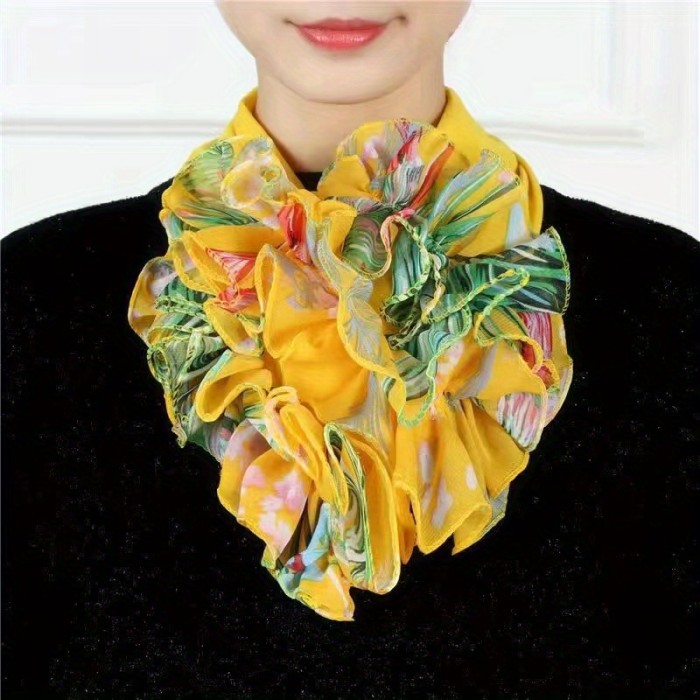 Floral Print Chiffon Neck Collar Ruffles Fake Collar Elegant Women Neckerchief Detachable Neck Gaiter Warm Scarf