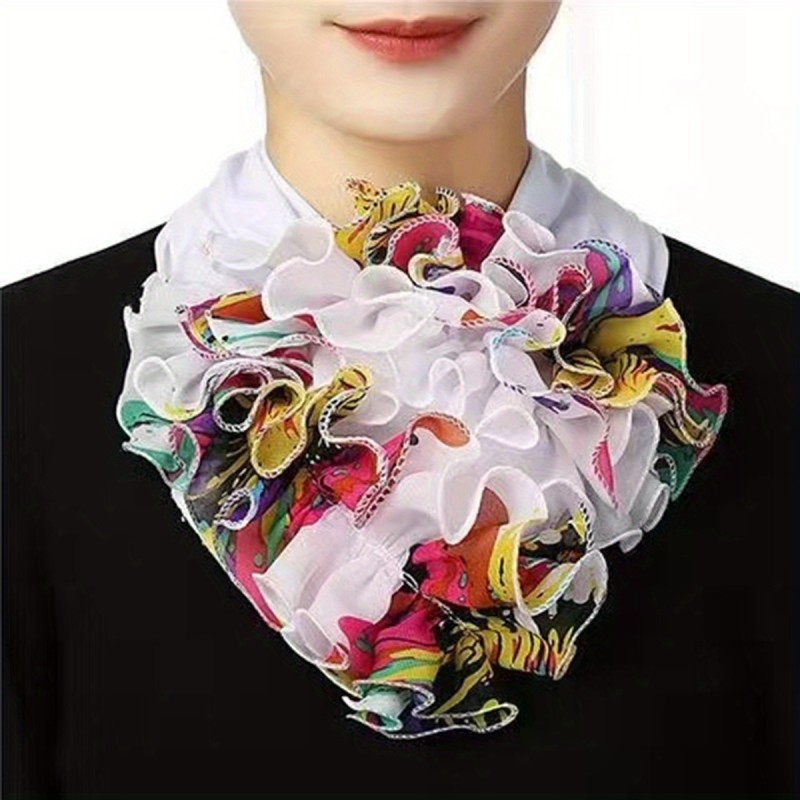 Floral Print Chiffon Neck Collar Ruffles Fake Collar Elegant Women Neckerchief Detachable Neck Gaiter Warm Scarf
