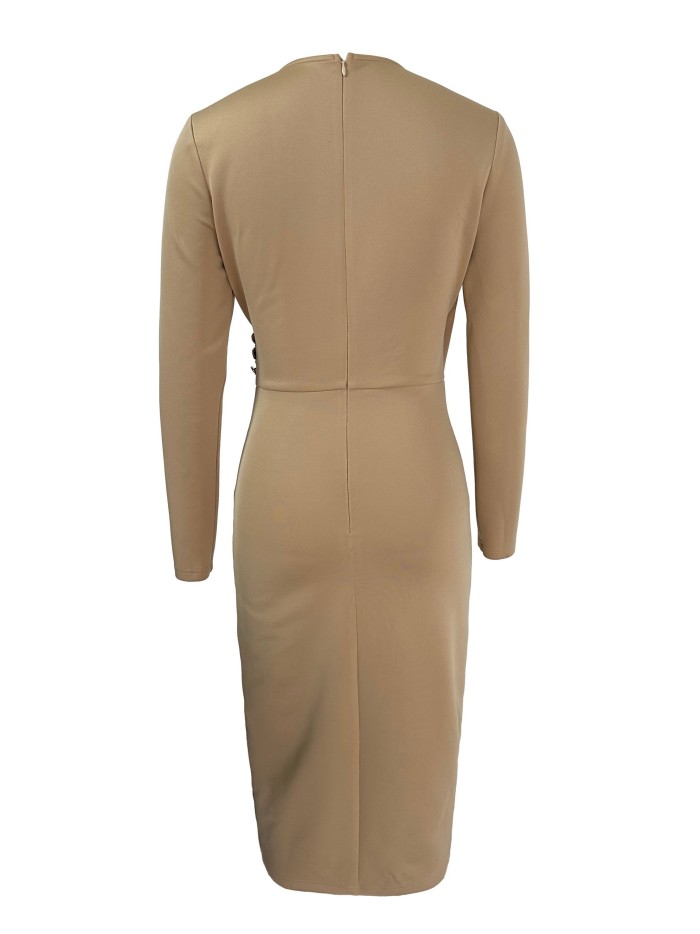 Asymmetrical Surplice Neck Dress, Elegant Long Sleeve Bodycon Dress, Women's Clothing