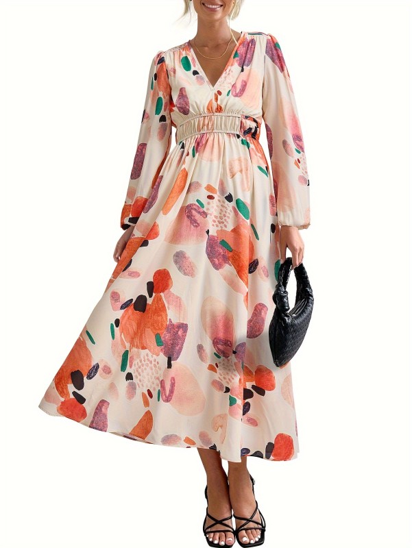 Allover Print A-line Dress, Casual V Neck Long Sleeve Dress For Spring & Fall, Women's Clothing