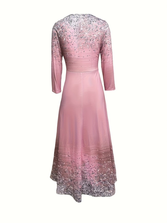 V Neck A-line Dress, Elegant Long Sleeve Dress For Spring & Fall, Women's Clothing