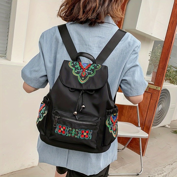 Vintage Ethnic Style Embroidered Backpack, Casual Multi-pocket Drawstring Knapsack, Perfect Daypack For Leisure Travel And Daily Use