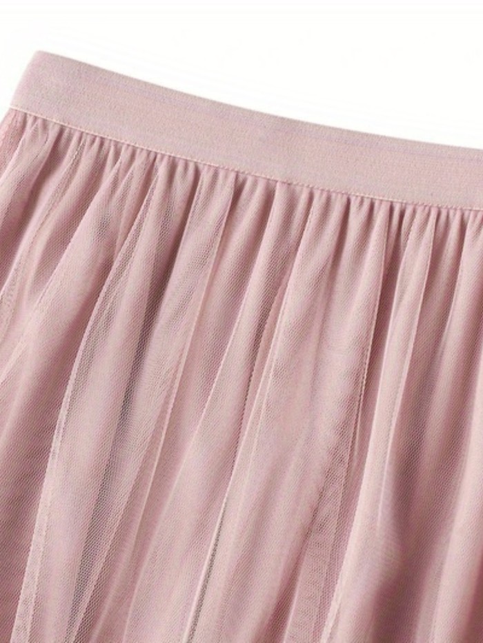 Irregular Mesh Stitching Skirt, Casual Elastic Waist Midi Skirt, Women's Clothing