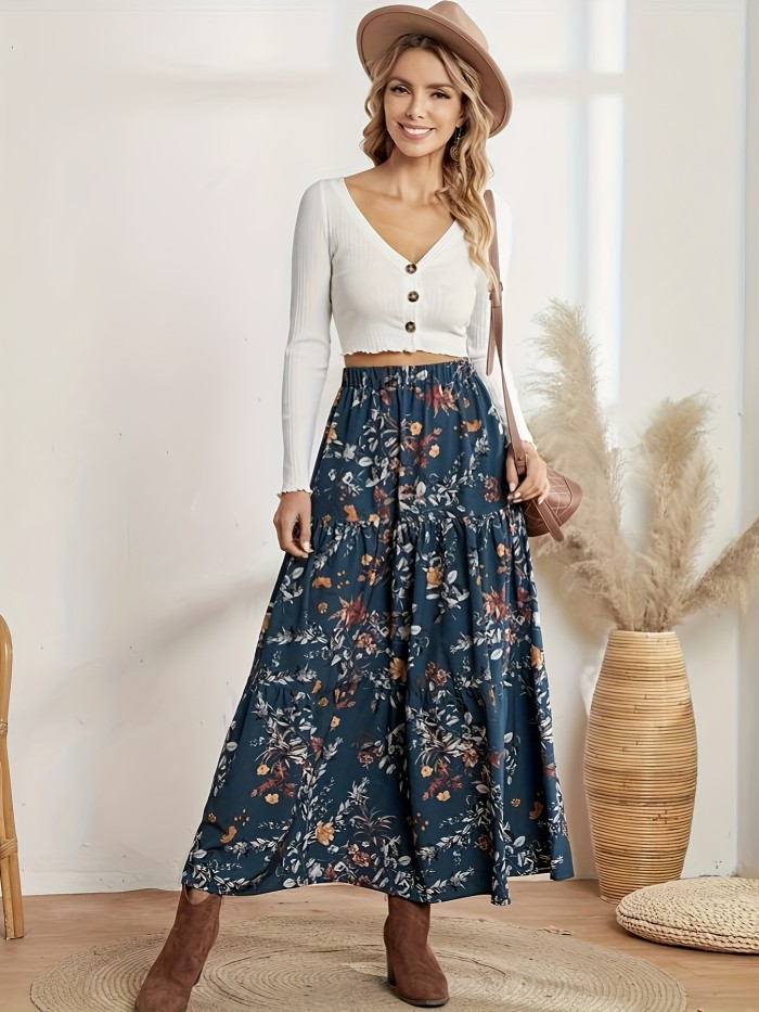 Floral Print Elastic Waist Skirt, Casual Ruffle Hem Maxi Skirt, Women's Clothing