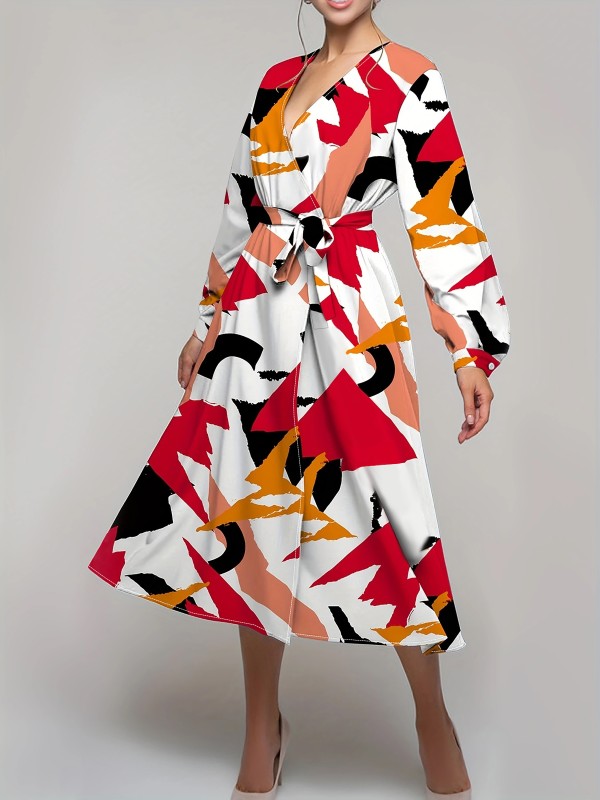 Allover Print Belted Dress, Elegant V Neck Long Sleeve Dress For Spring & Fall, Women's Clothing