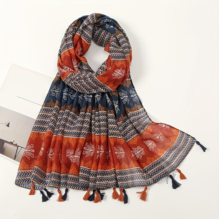 Vintage Geometric Pattern Scarf Thin Breathable Tassel Shawl Autumn Winter Warm Decorative Neck Scarf