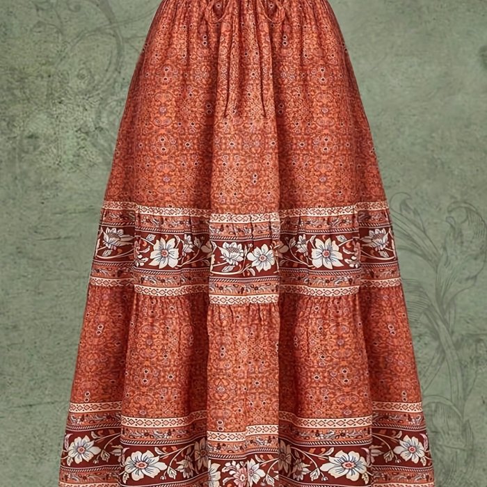 Floral Print Drawstring Skirt, Casual Elastic Waist Skirt, Women's Clothing