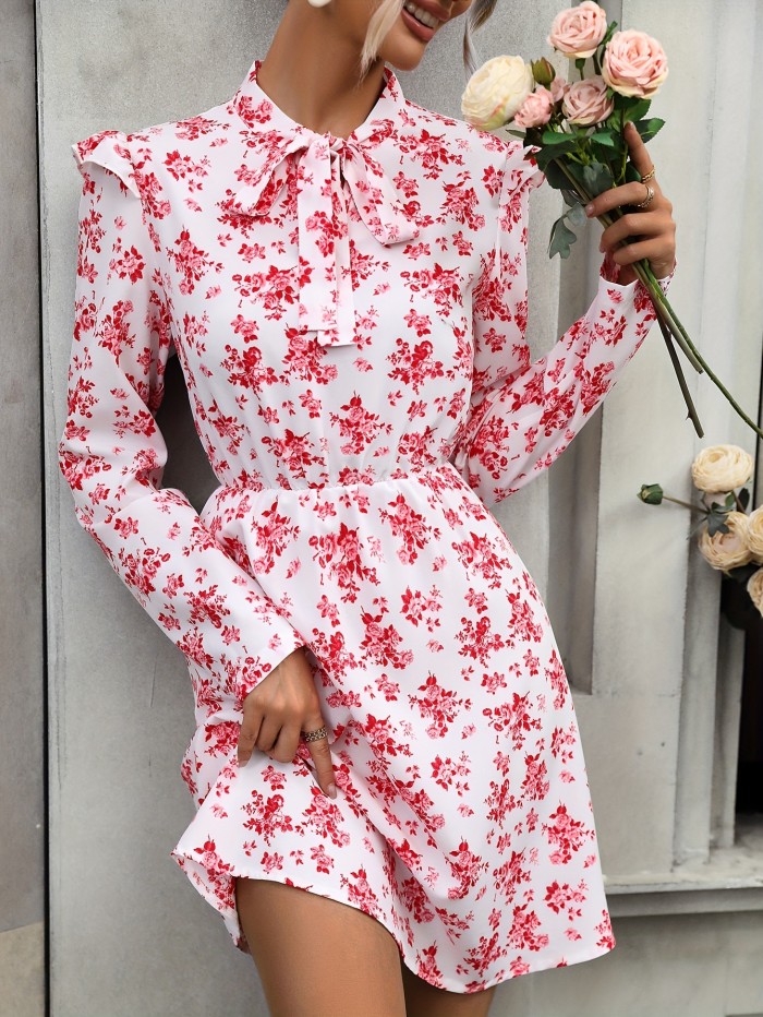 Floral Print Tie Front Dress, Elegant Long Sleeve Ruffle Trim Dress For Spring & Fall, Women's Clothing
