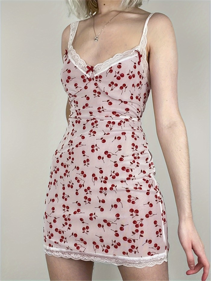 Cherry Print V Neck Cami Dress, Contrast Lace Sleeveless Lace Strap Ress, Women's Clothing