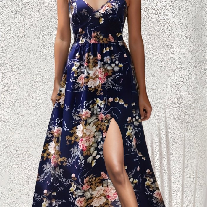 Floral Print V Neck Cami Dress, Casual Sleeveless Backless Loose Midi Dress, Women's Clothing