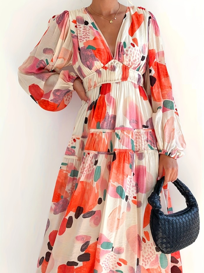 Boho Allover Print Dress, Elegant V Neck Long Sleeve Dress For Spring & Fall, Women's Clothing