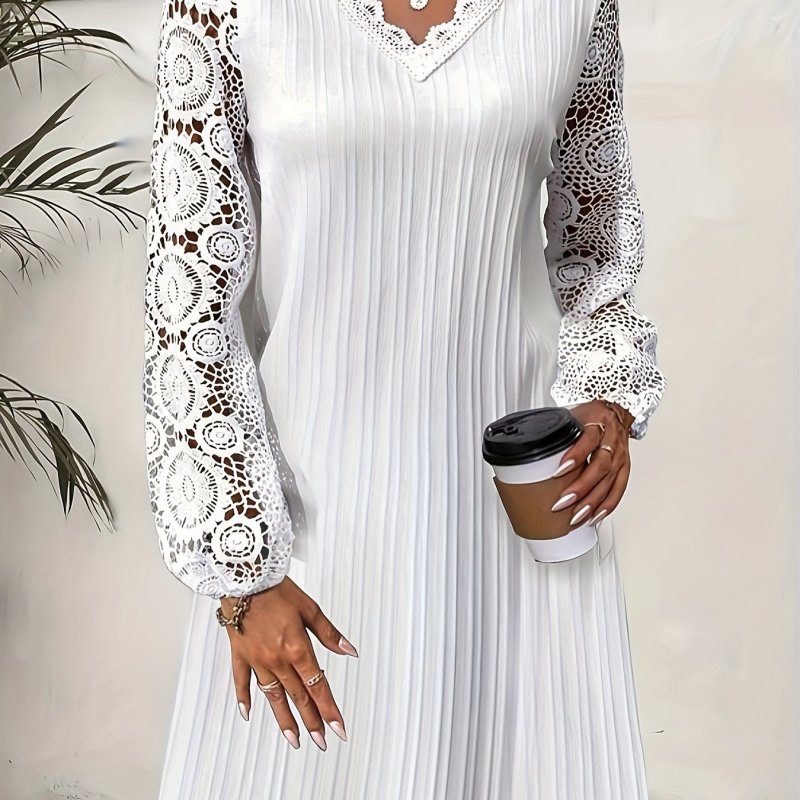 Cutout Lace Stitching V Neck Dress, Elegant Long Sleeve Dress For Spring & Fall, Women's Clothing