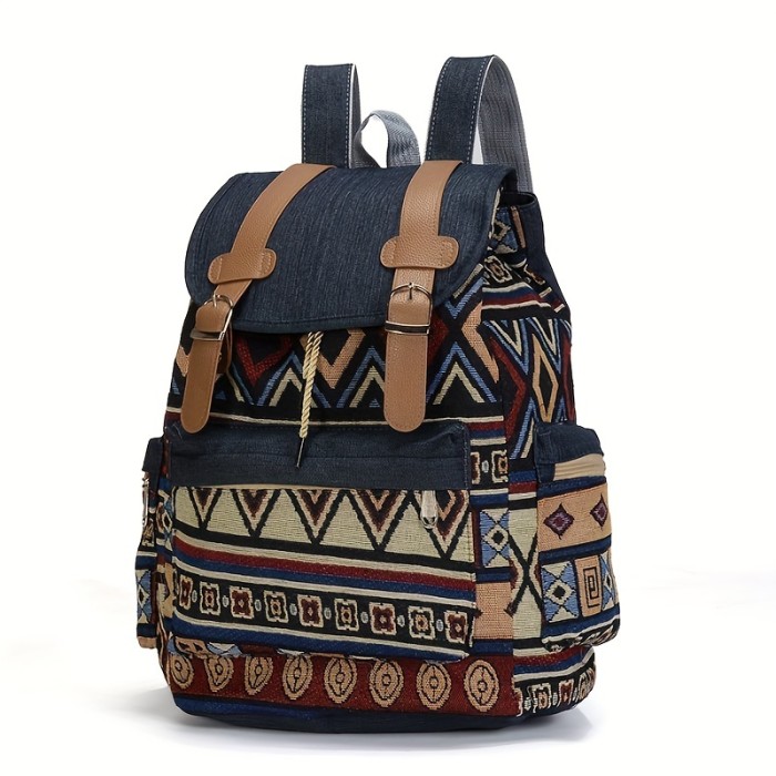 Ethnic Style Canvas Flap Backpack, Bohemian Drawstring Daypack, Geometric Pattern Travel Schoolbag