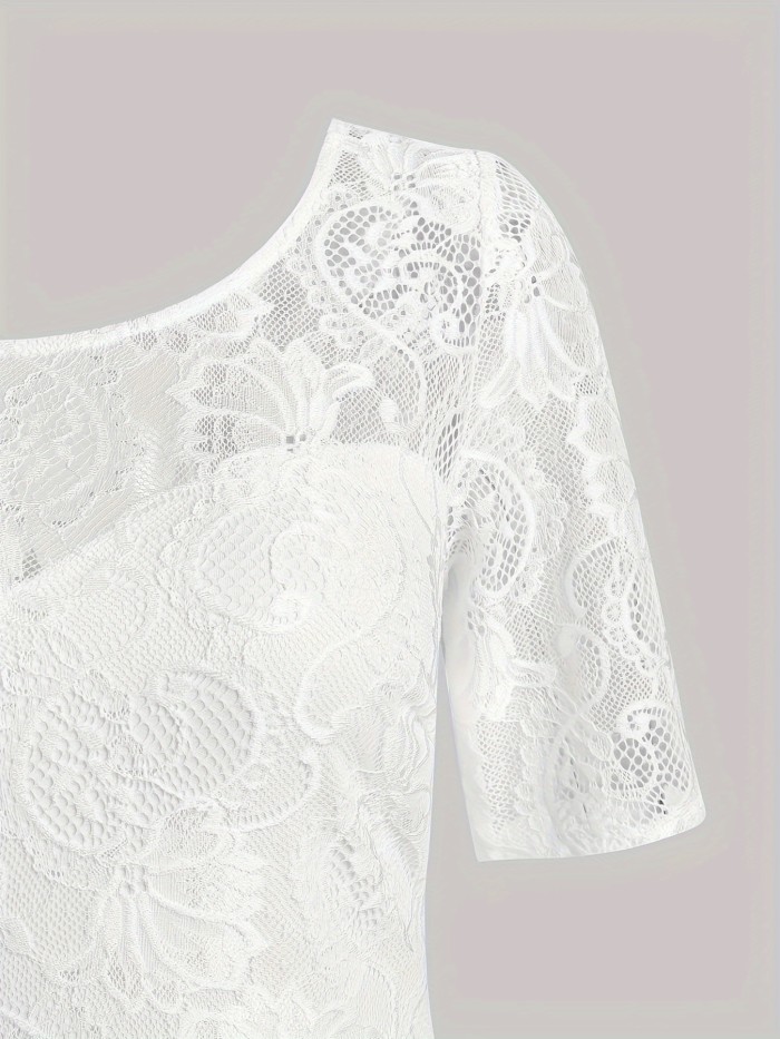 Floral Print Lace Flare Dress, Elegant Short Sleeve Crew Neck Dress, Women's Clothing