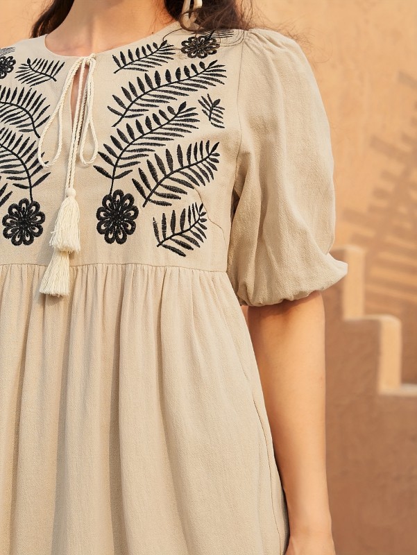 Embroidered Tie Neck Dress, Elegant Puff Sleeve Dress For Spring & Summer, Women's Clothing