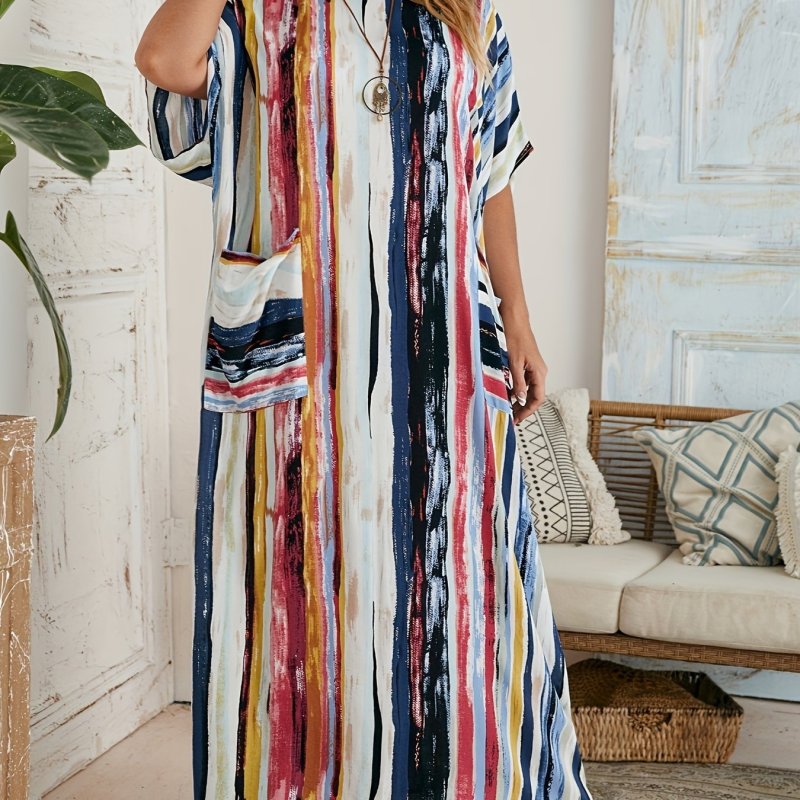 Plus Size Boho Cover Up, Women's Striped Print Patch Pocket Short Sleeve Loose Fit Maxi Beach Kaftan Dress