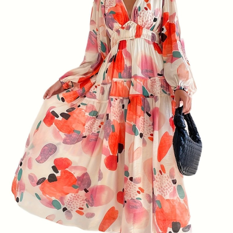 Boho Allover Print Dress, Elegant V Neck Long Sleeve Dress For Spring & Fall, Women's Clothing