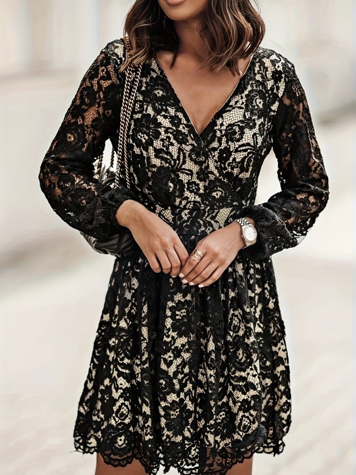 Contrast Lace V Neck Dress, Elegant Long Sleeve Dress For Spring & Fall, Women's Clothing