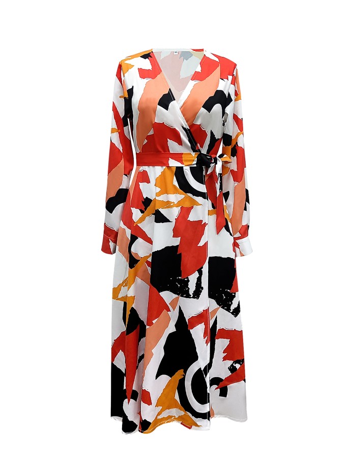 Allover Print Belted Dress, Elegant V Neck Long Sleeve Dress For Spring & Fall, Women's Clothing