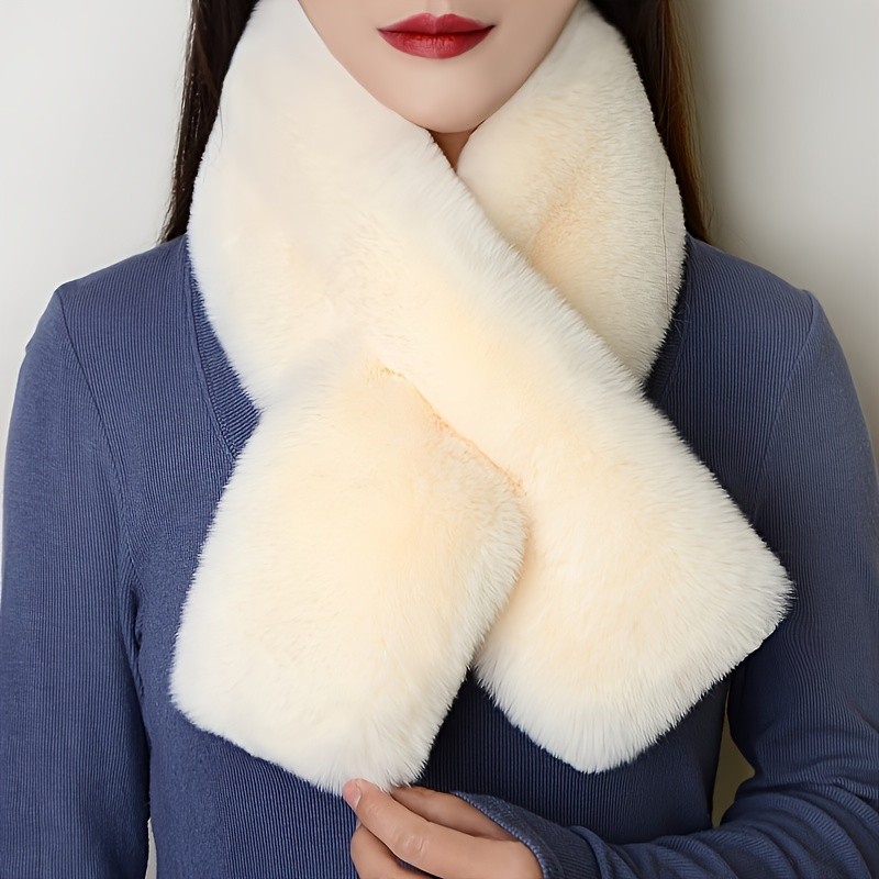 Classic Faux Fur Collar Cross Scarf, Mature Style Monochrome Furry Scarf, Winter Thickened Warm Soft Cozy Fuzzy Scarf For Women