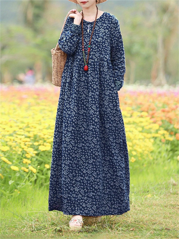 Floral Print Crew Neck Dress, Casual Long Sleeve Comfy Dress For Spring & Fall, Women's Clothing