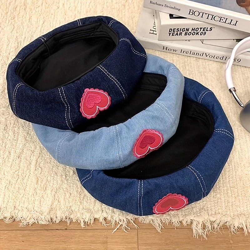 Cute Heart Patch Beret Hats Blue Washed Distressed Denim Painter Cap Trendy Lightweight Berets For Women Girls