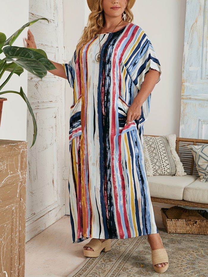Plus Size Boho Cover Up, Women's Striped Print Patch Pocket Short Sleeve Loose Fit Maxi Beach Kaftan Dress