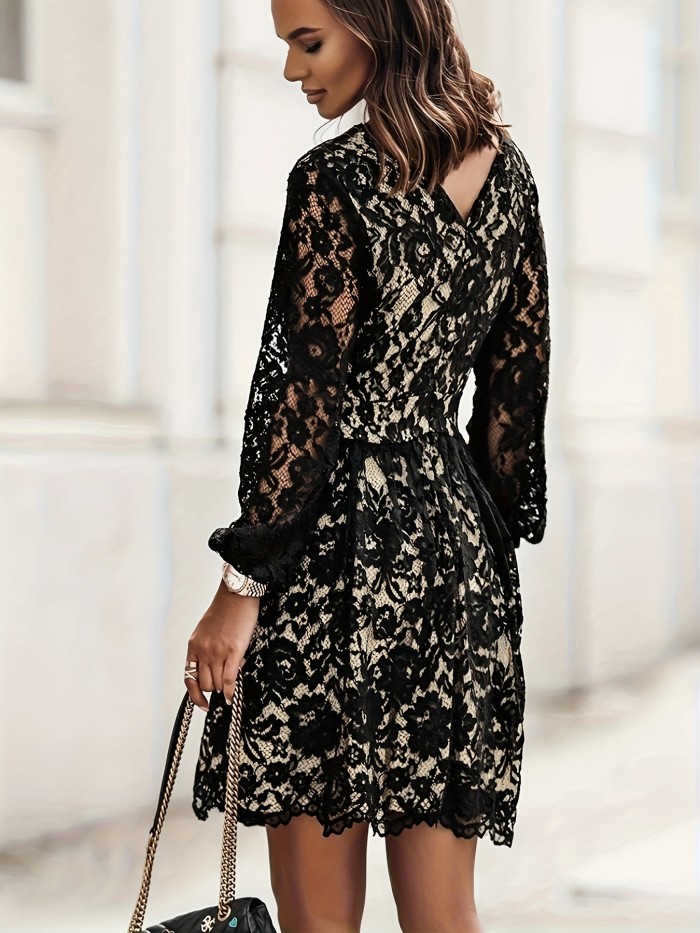 Contrast Lace V Neck Dress, Elegant Long Sleeve Dress For Spring & Fall, Women's Clothing