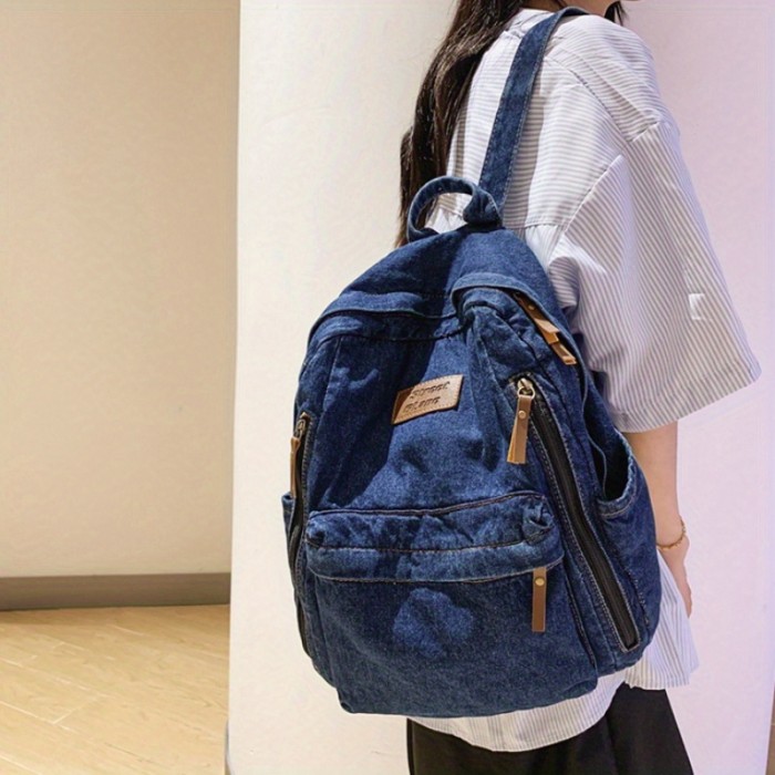 Vintage Denim Backpack Purse, Preppy College School Daypack, Travel Commute Knapsack & Laptop Bag