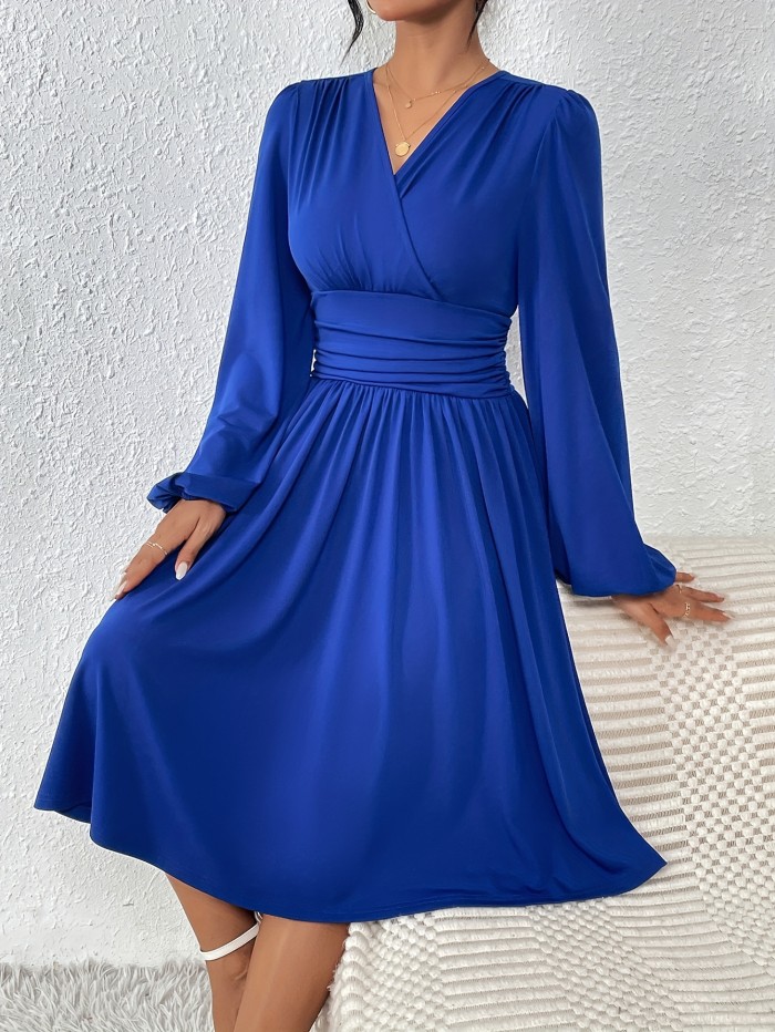 Solid Surplice Neck Dress, Elegant Lantern Sleeve Dress, Women's Clothing