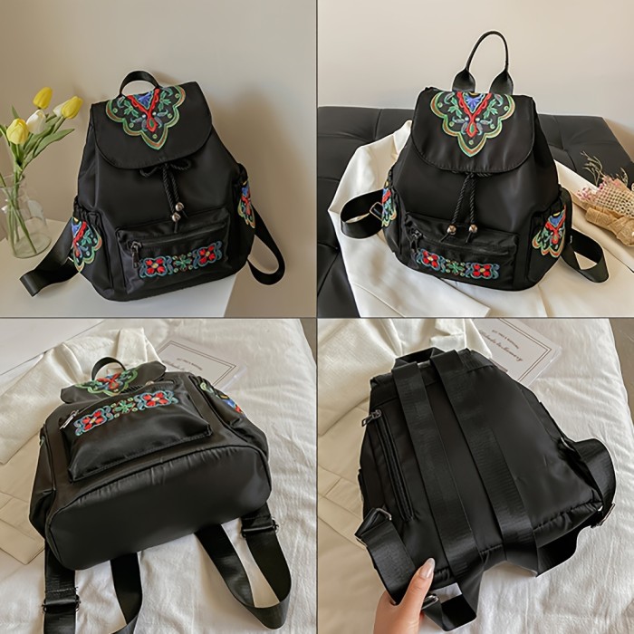 Vintage Ethnic Style Embroidered Backpack, Casual Multi-pocket Drawstring Knapsack, Perfect Daypack For Leisure Travel And Daily Use