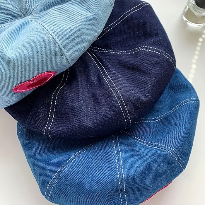 Cute Heart Patch Beret Hats Blue Washed Distressed Denim Painter Cap Trendy Lightweight Berets For Women Girls