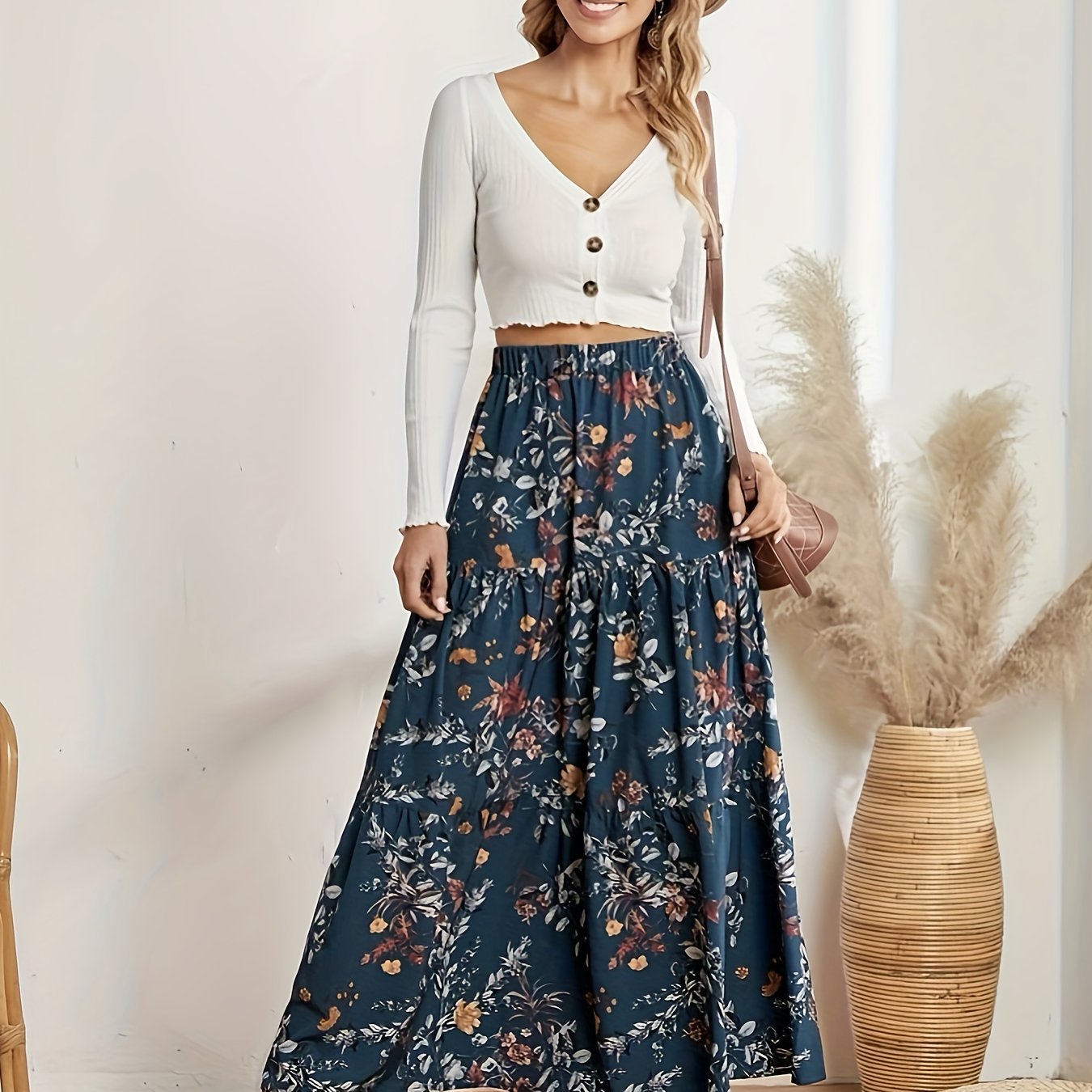 Women's Floral Print Skirt - Spring/Summer Style, Elastic Fabric main image 0