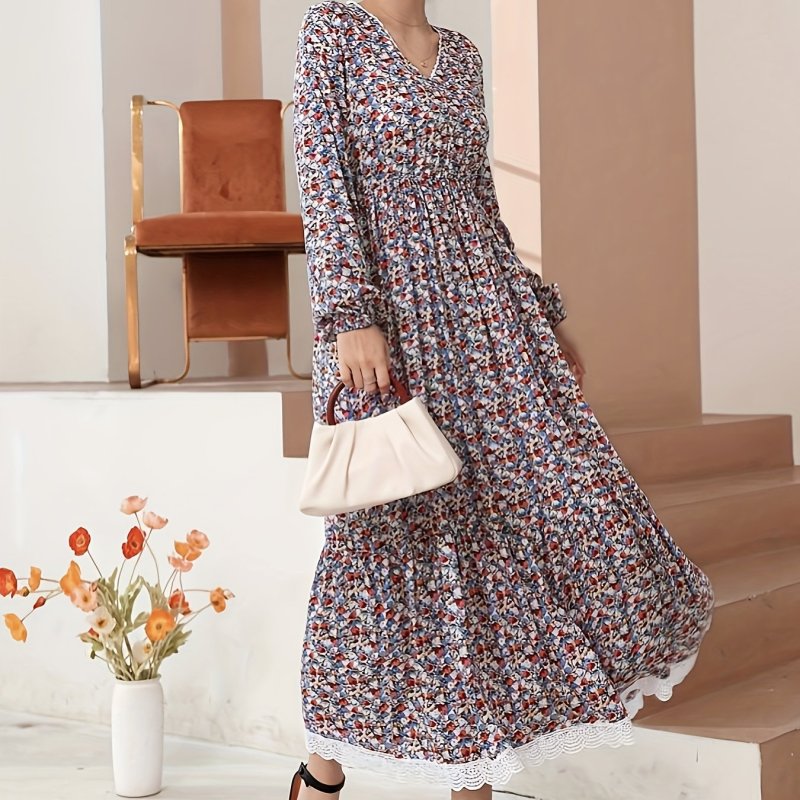 Allover Print Lace Trim Dress, Elegant V Neck Long Sleeve Dress Spring & Fall, Women's Clothing