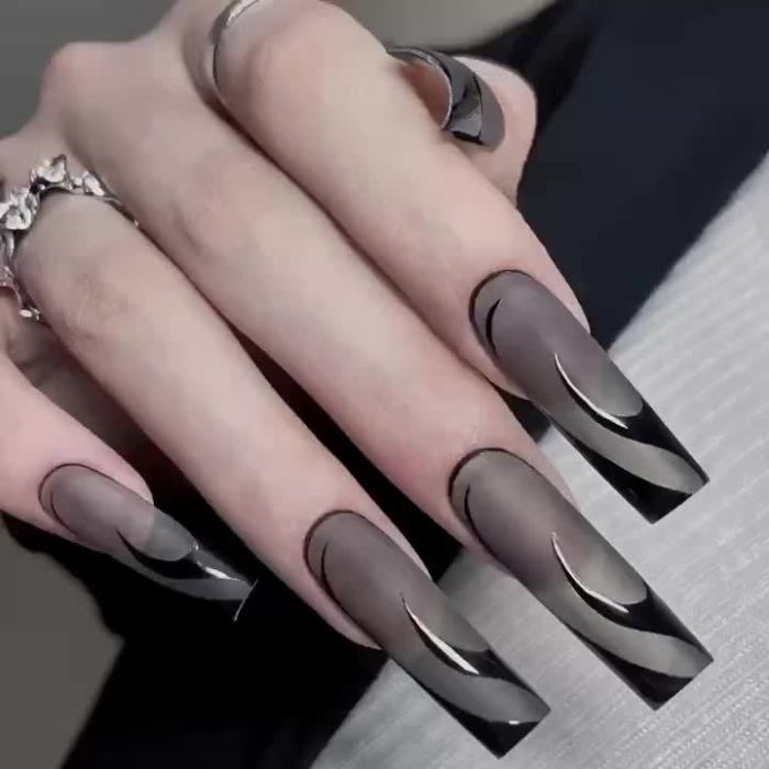 24pcs Gothic Style Press On Nails, Y2K Fake Nails With Black Ripple Design, Matte Long Square Shape False Nails For Women Girls